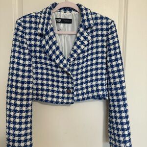 Zara Women's Blue and White Plaid Blazer